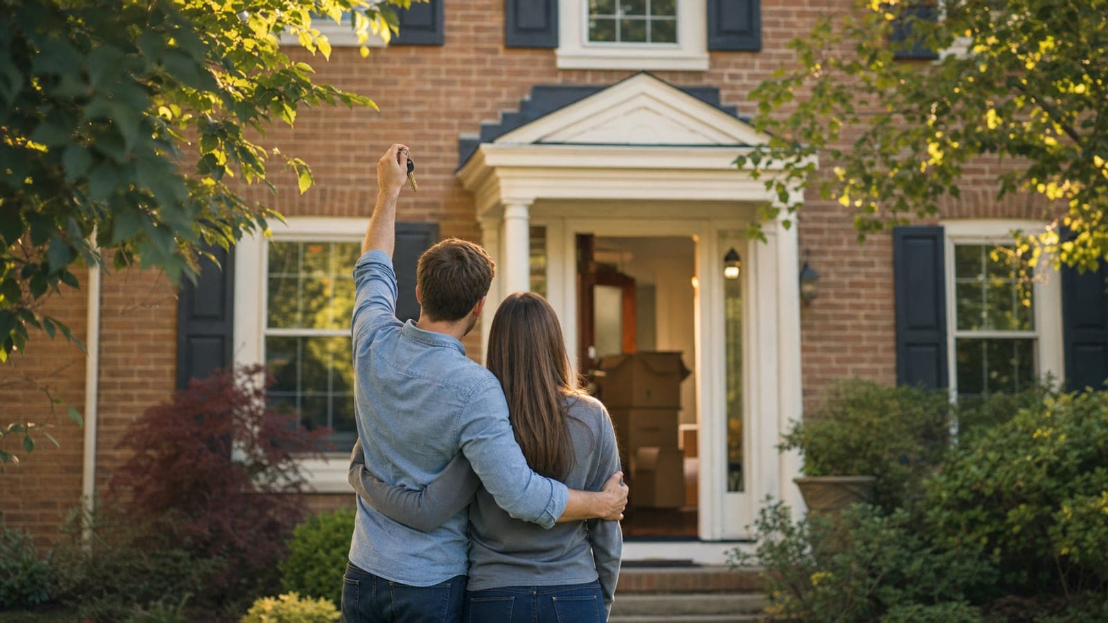A couple seen from behind holding up house keys on the front steps of a brick home, moving boxes inside the open door